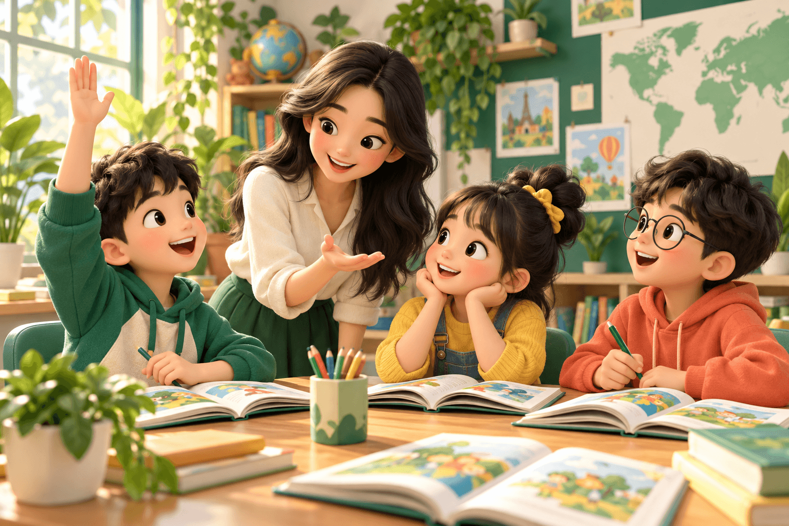 Tranh hoạt hình giáo viên và học sinh Việt Nam cùng thực hành trong lớp tiếng Anh
